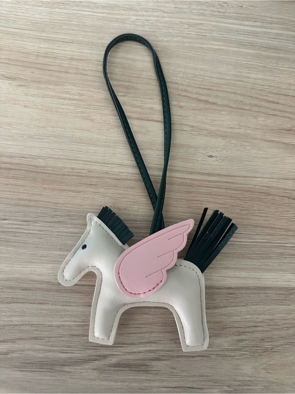 Ivory & Pink Pegasus Winged Horse Bag Charm – Green Leather Loop